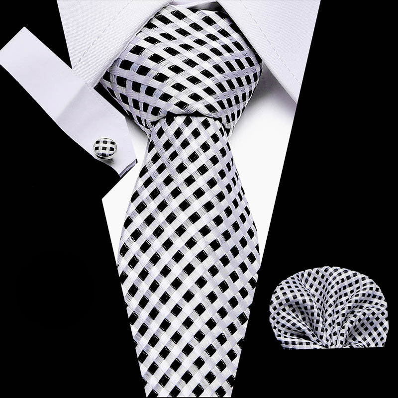 Men's business tie in white with black and gray check grid pattern
