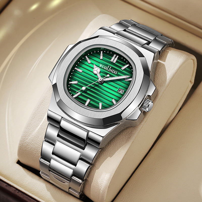 Men's stainless steel quartz wrist watch with green dial and silver metal bracelet