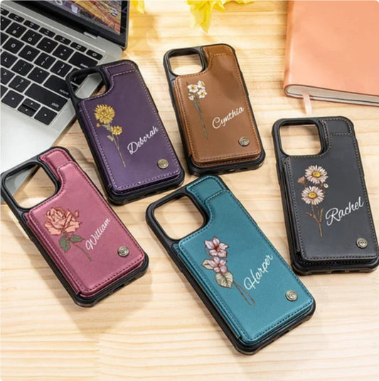 Floral phone cases assortment: purple, teal, pink, brown, and black with camera cutouts.