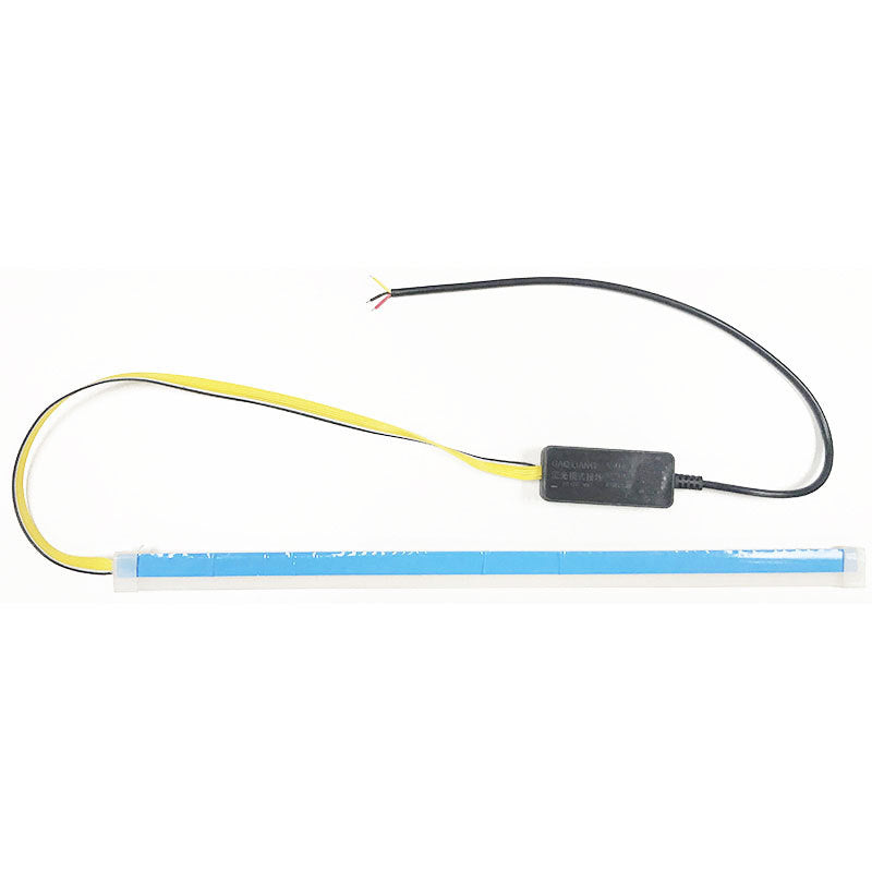 LED DRL strip with blue casing and wiring harness with connector