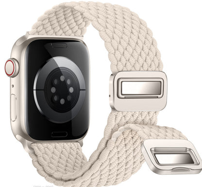Smartwatch with beige braided band on a white background