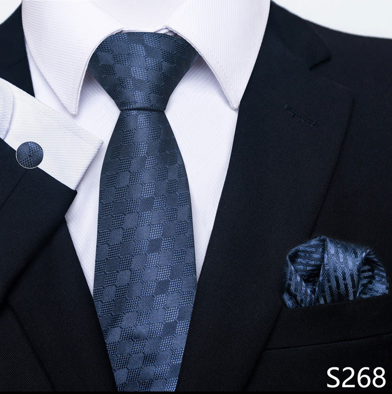 Men's formal tie, pocket square, and cufflink set with dark navy check-pattern tie
