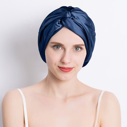 Women's satin cross nightcap, navy blue turban with wrapped front