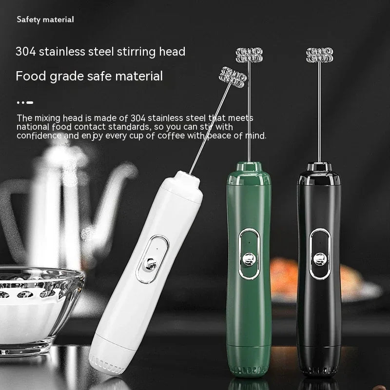 Electric milk frother with 304 stainless steel mixing head; green and black units