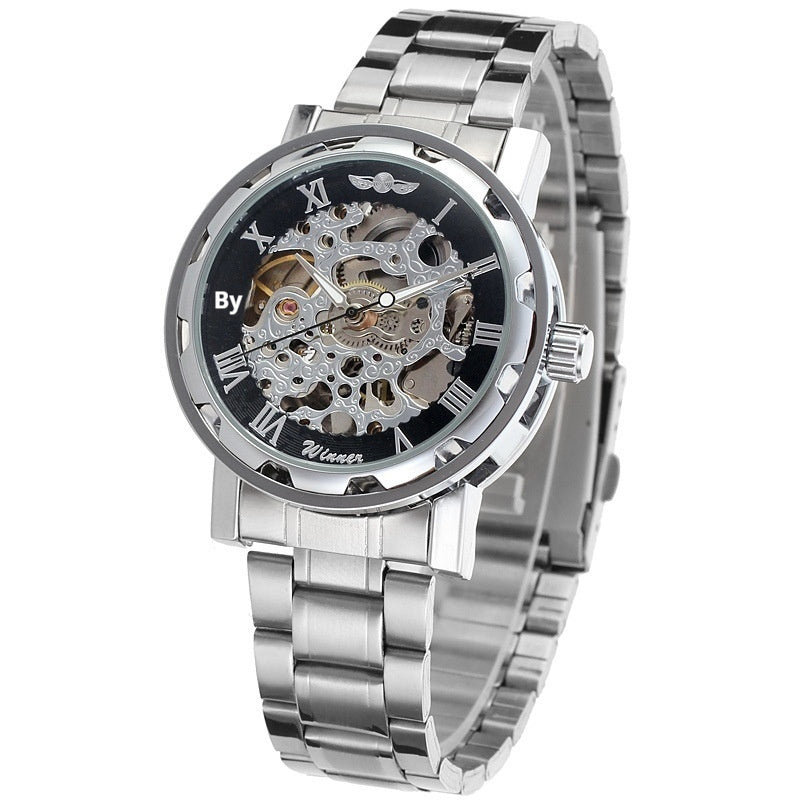 Stainless steel mechanical skeleton watch with Roman numeral bezel and dark dial