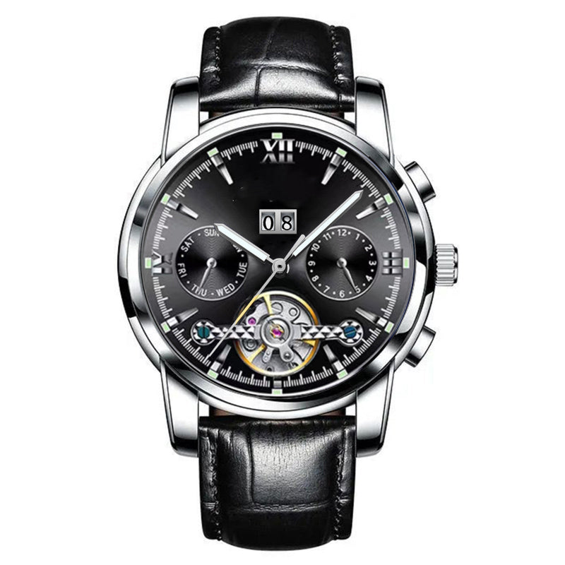 Black wristwatch with detailed face on a white background