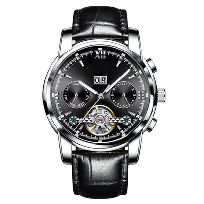 Black wristwatch with detailed face on a white background