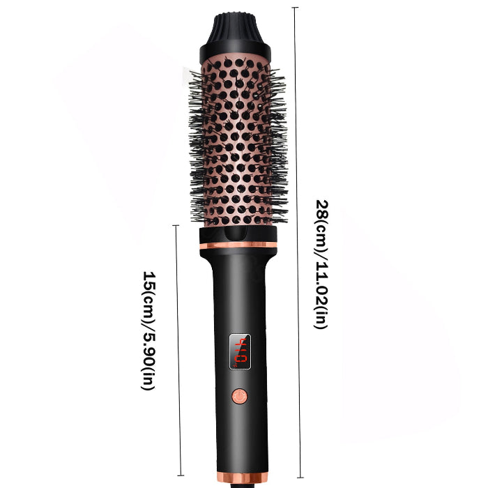 Black hot air hair curler with barrel comb, copper-toned pins, and height measurement