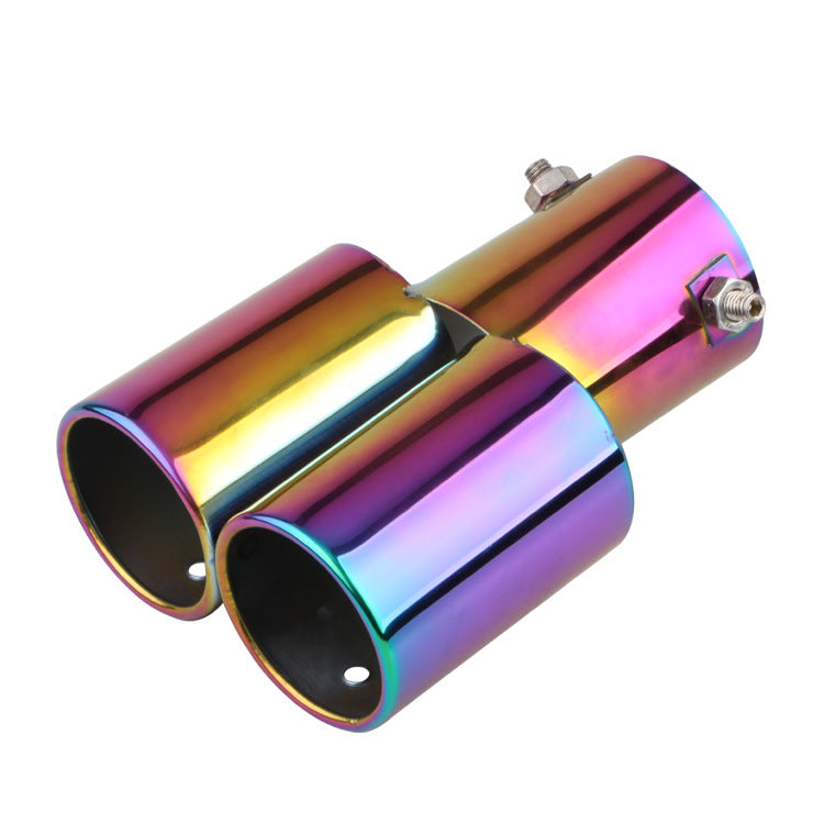 Dual stainless exhaust muffler tips with multi-color iridescent coating and two round openings