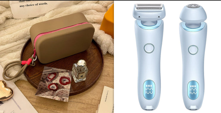 2-in-1 hair removal epilator in light blue with LED display, shown with beige case
