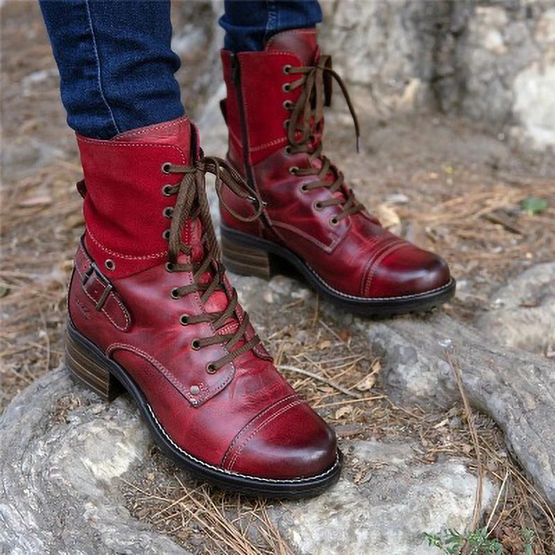 Women’s low-heeled ankle boots, round toe, red lace-up with side harness straps