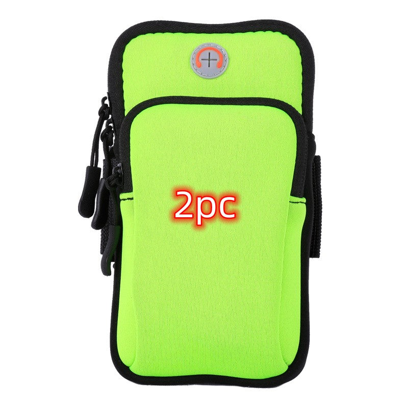Lime green running phone pouch with black trim, zipper closure, and side attachment