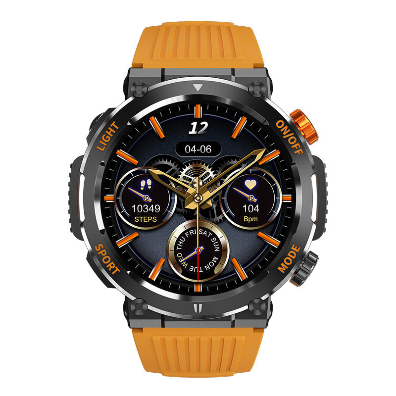 Orange sport smartwatch with round face, gold-tone hands, orange rubber strap