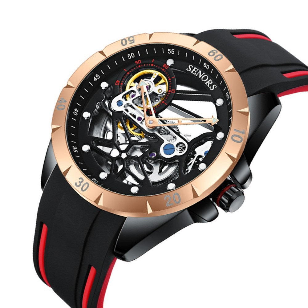 Rose-gold skeleton men's watch with red bezel, black strap; close-up of skeleton movement