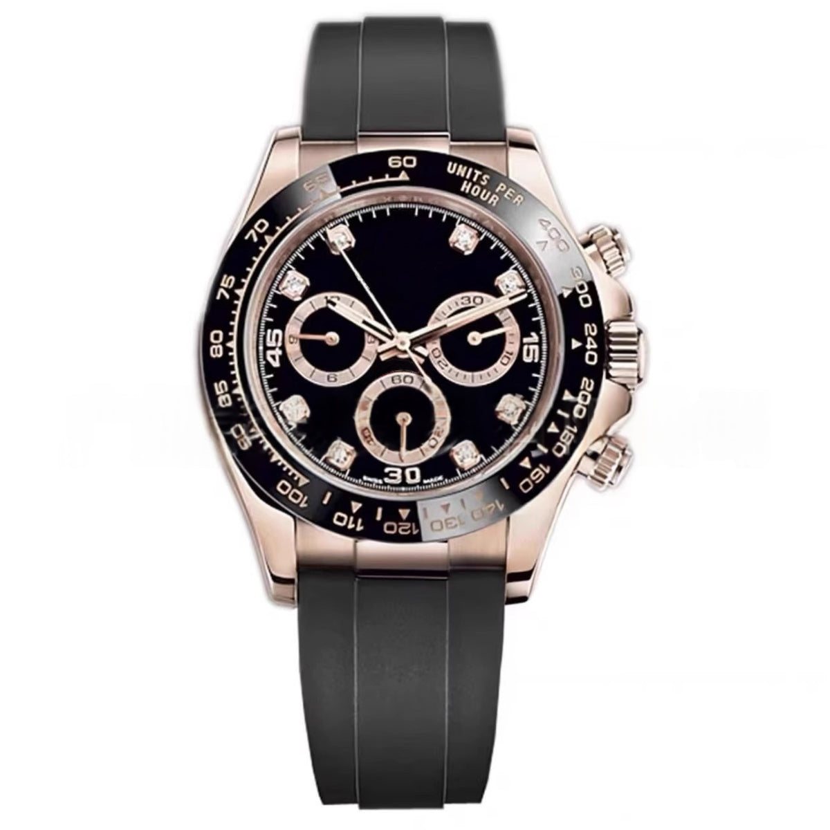 Mechanical wristwatch on black rubber strap, rose-gold case; black dial with 3 subdials