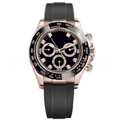 Mechanical wristwatch on black rubber strap, rose-gold case; black dial with 3 subdials