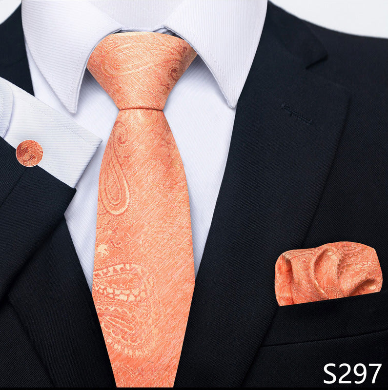 Men's formal orange patterned tie set with matching pocket square and cuff link