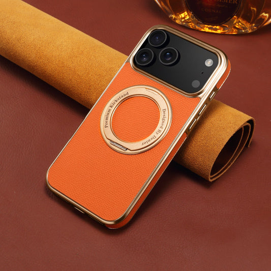 Orange phone case with ring holder on a brown background