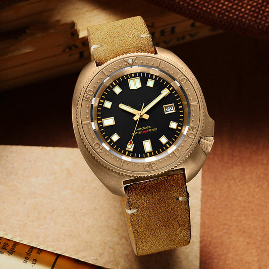 Men's automatic mechanical watch with brown leather strap, black dial, date window