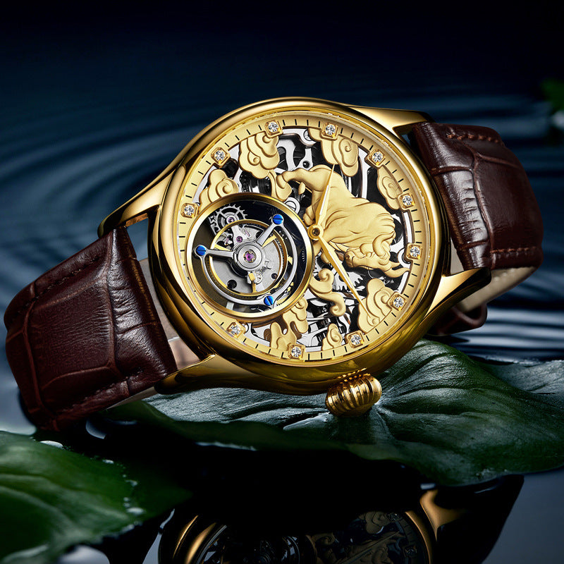 Gold-tone mechanical tourbillon wristwatch with brown leather strap, openwork dial