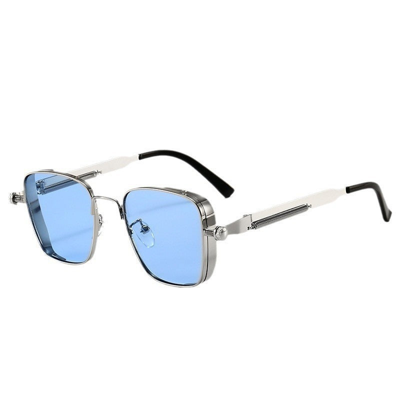 Silver square sunglasses with light blue tinted lenses and black temple tips