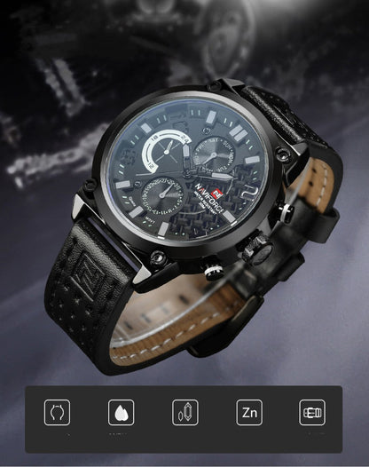Black wristwatch with detailed face on a dark background