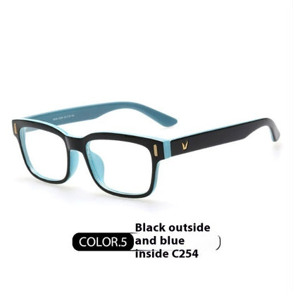 Eyeglasses with black outside frame and blue inside, on a white background