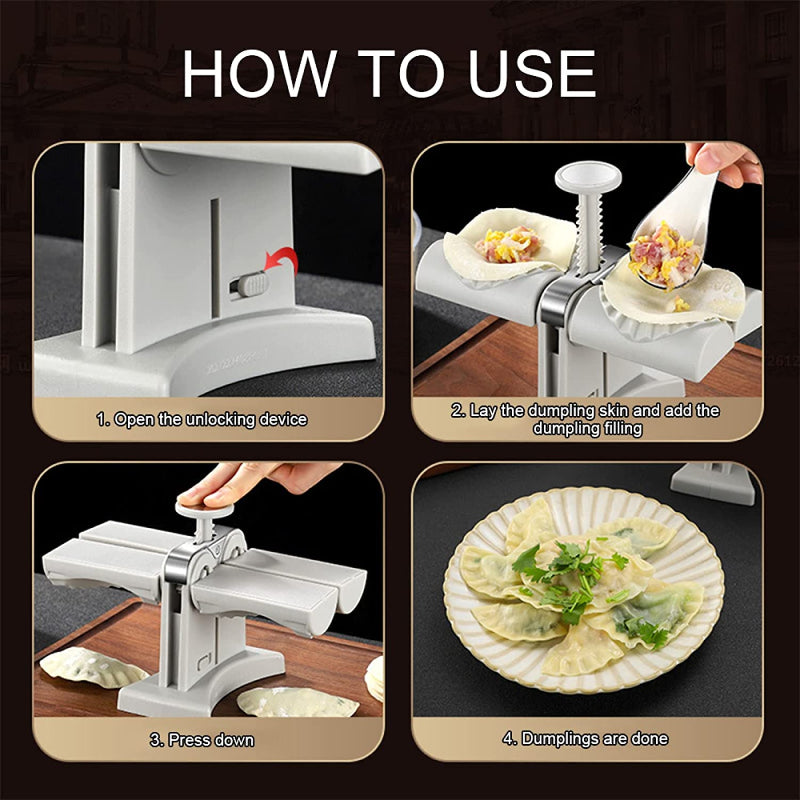 Step-by-step guide on how to use a dumpling maker with images and text.