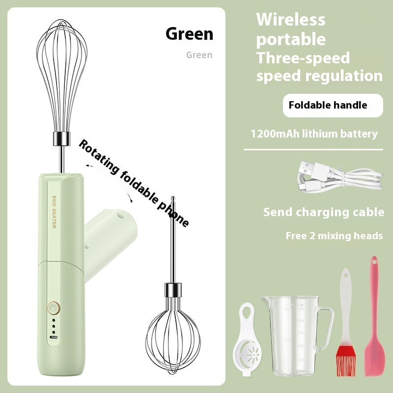 Wireless electric egg beater in green with foldable handle and wire whisk beaters