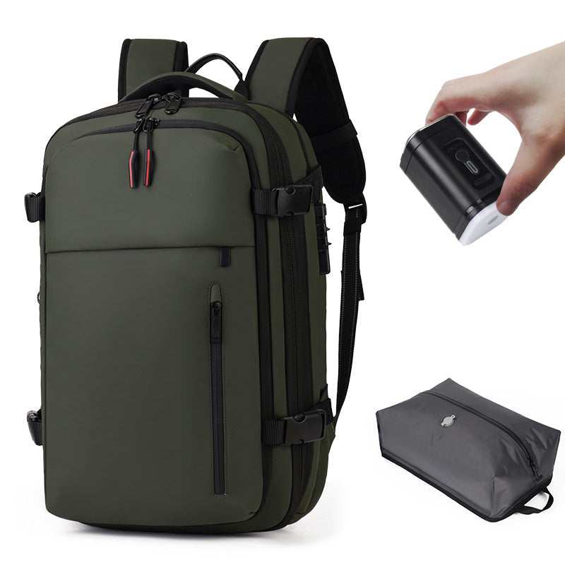 Olive green travel backpack with front pocket, adjustable straps, and air pump pouch