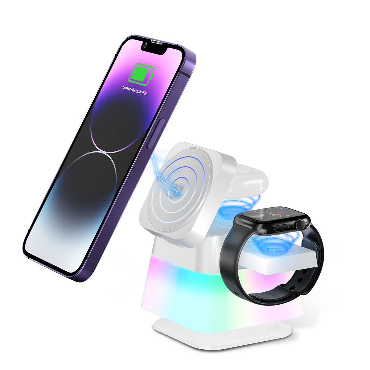 4-in-1 wireless charger with RGB light base for phone, watch, and earbuds