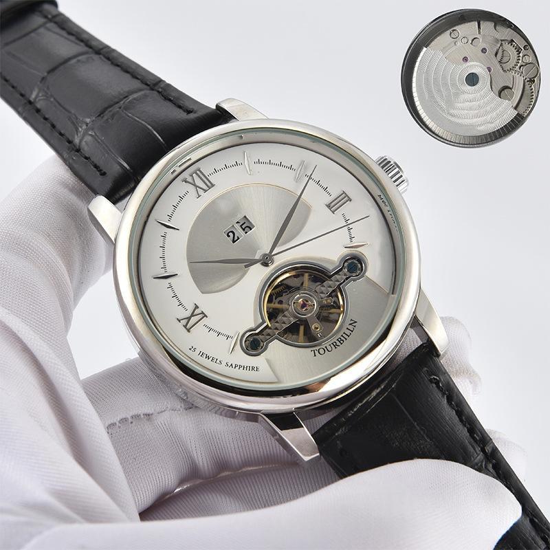 Men's quartz business watch with white dial, silver case, black leather strap.
