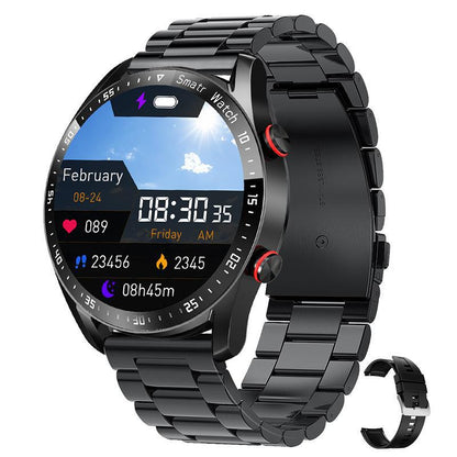 Black smartwatch with metal band on a white background