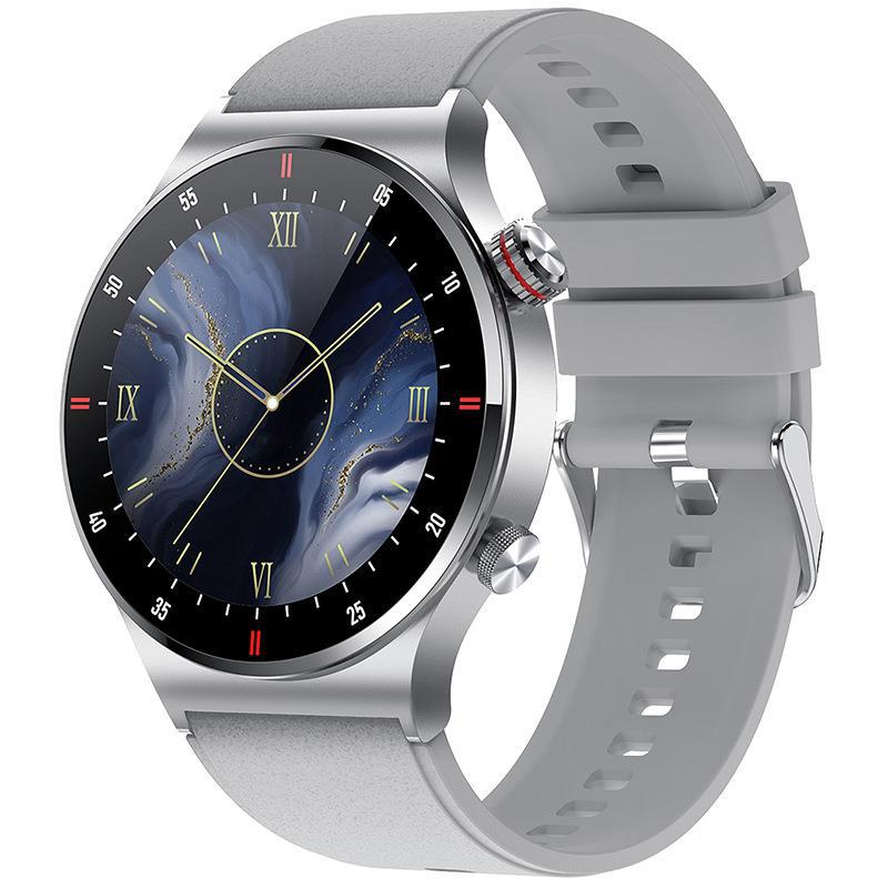 Silver-color QW33 smartwatch with gray silicone strap and blue marble-style watch face
