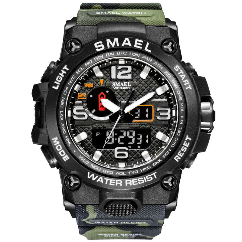 Men's sports alarm wristwatch with black case and green strap, luminous digital display