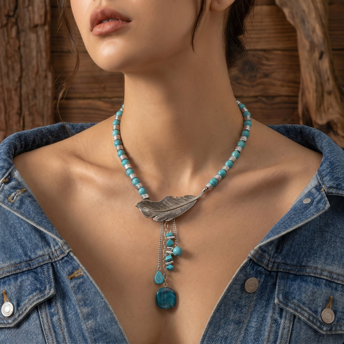 Turquoise bead choker necklace with alloy leaf-feather pendant and blue round dangling charm