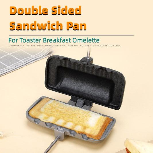 Double-sided sandwich pan with a cooked omelette on a beige background