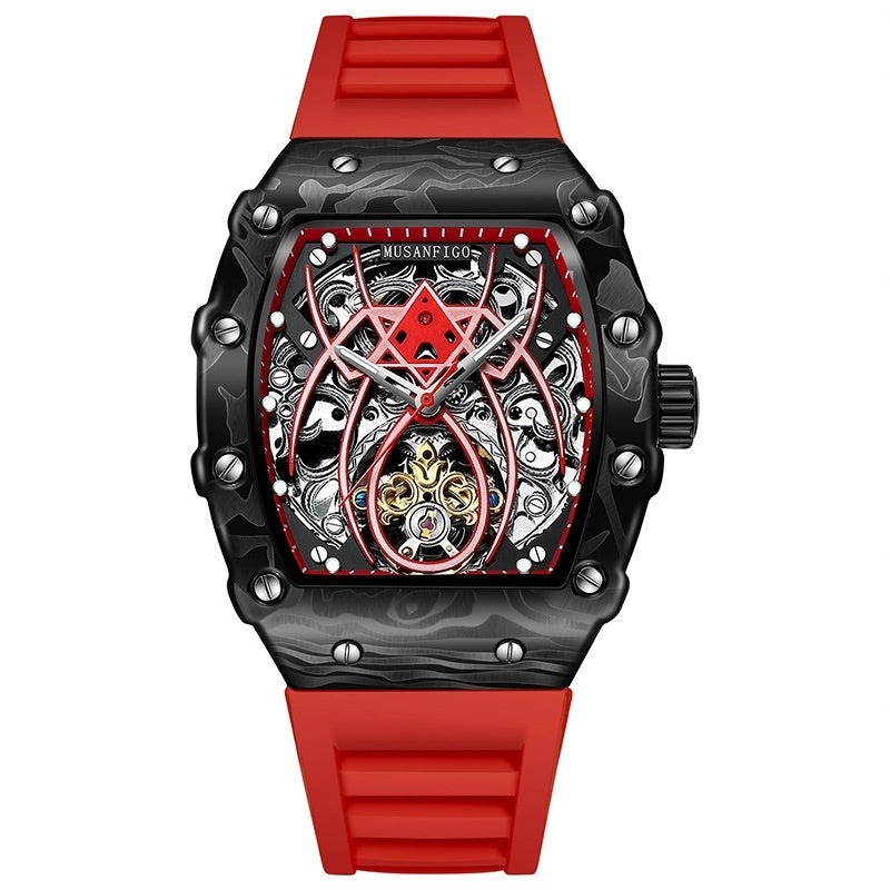 Automatic mechanical watch with red silicone strap, red skeleton dial, armored bezel