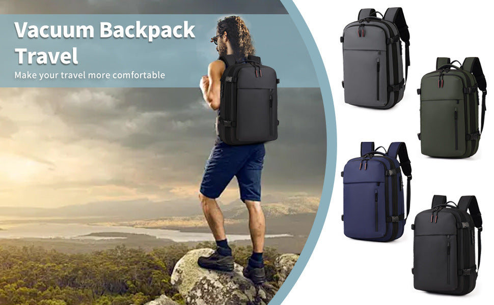 Vacuum travel backpack in black with front zip pockets and padded shoulder straps