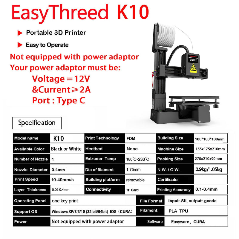 Portable 3D printer with specifications on a white background