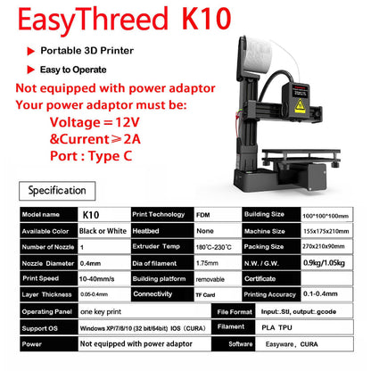 Portable 3D printer with specifications on a white background