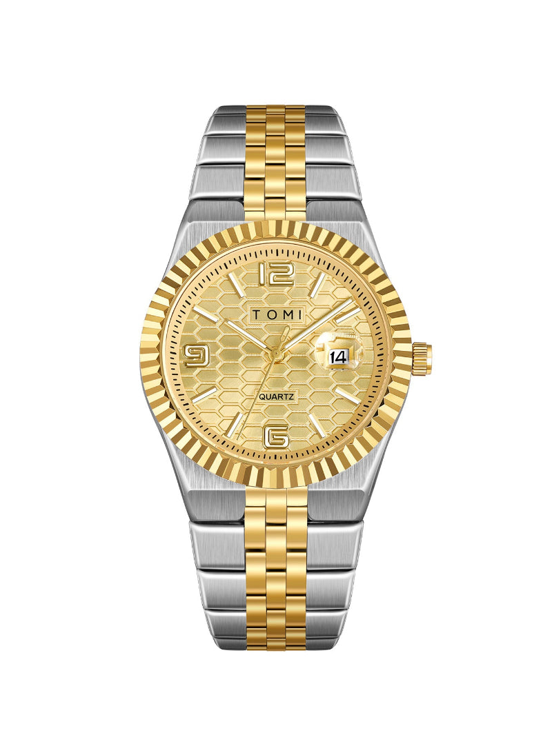 Men's minimalist quartz dress watch with two-tone gold/silver bracelet and gold dial
