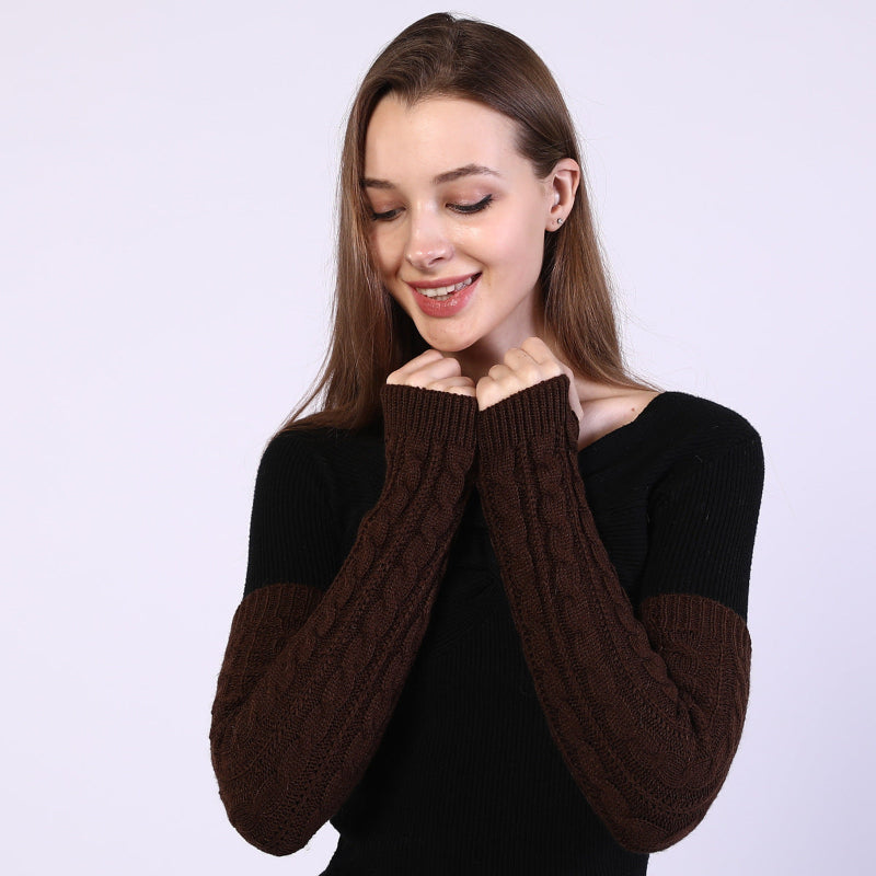 Twist-knit fingerless arm warmers in chocolate brown, long sleeves with cable knit texture