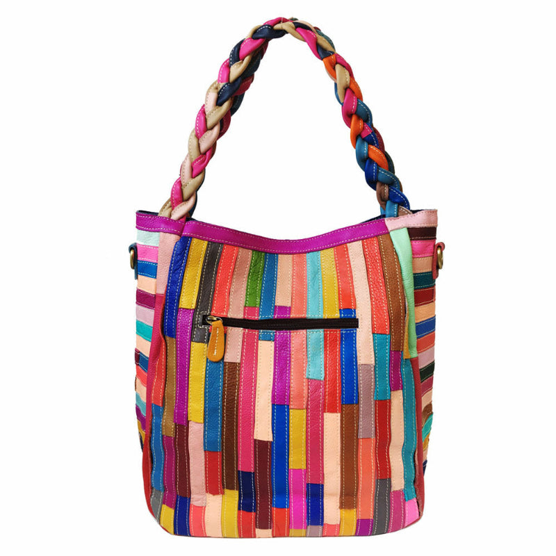 Multicolor striped shoulder tote with braided handles and front zip pocket