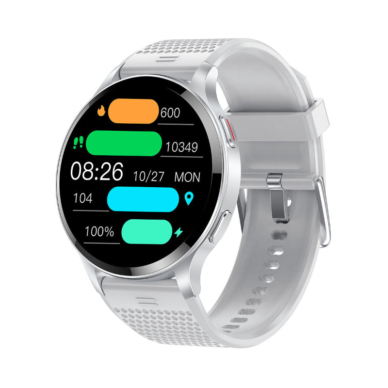 White smartwatch with round display on light mesh-textured silicone strap
