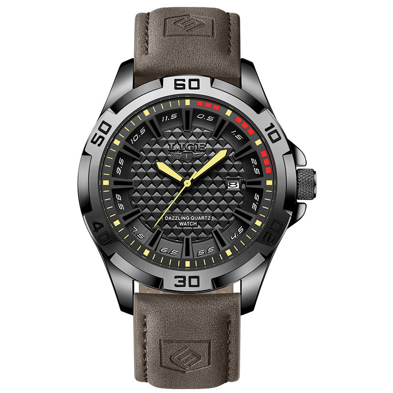 Men's quartz wristwatch with dark gray textured dial, yellow accents, and gray leather strap