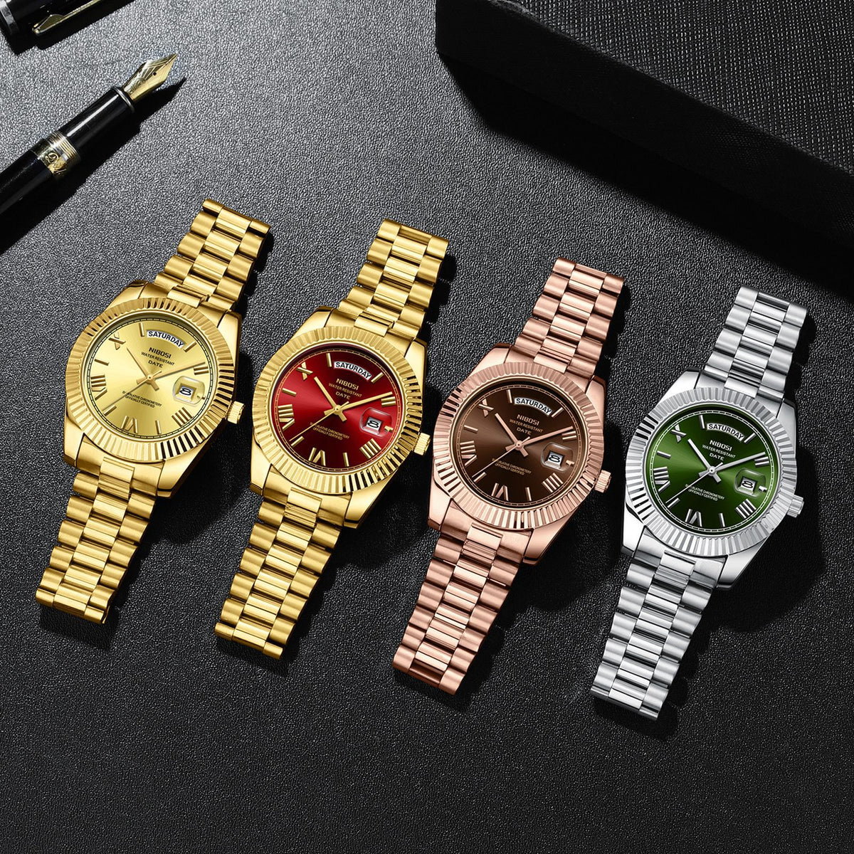 Set of men's quartz watches with steel bracelets: gold, red, rose gold and silver