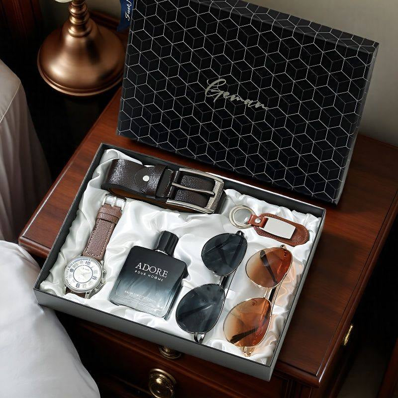 Men's gift set with watch, belt, perfume, and two pairs of sunglasses in a gift box.