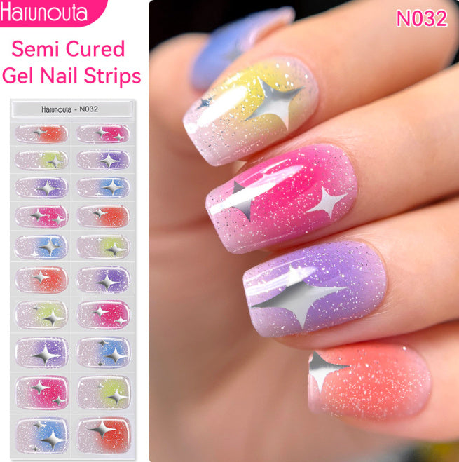 Nail art strip with star designs and a hand wearing the design, branded 'Harunouta'.