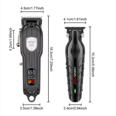 Black hair clipper set with size measurements for clipper and trimmer